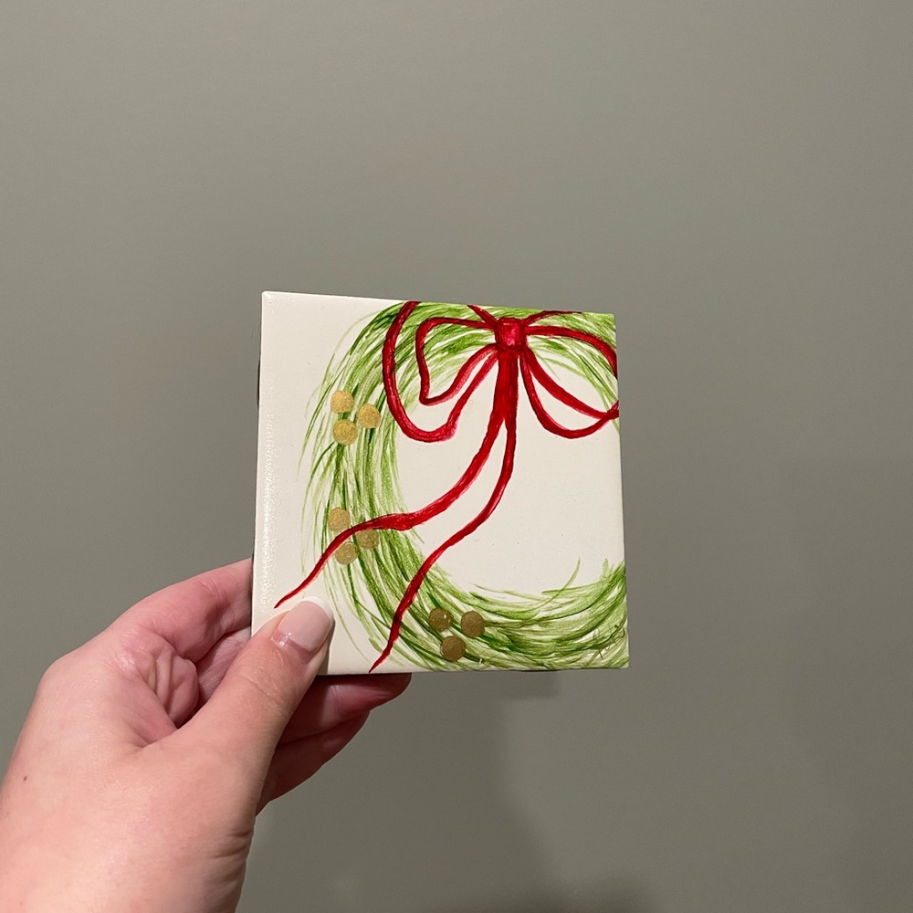Festive Wreath Coaster with Red Bow